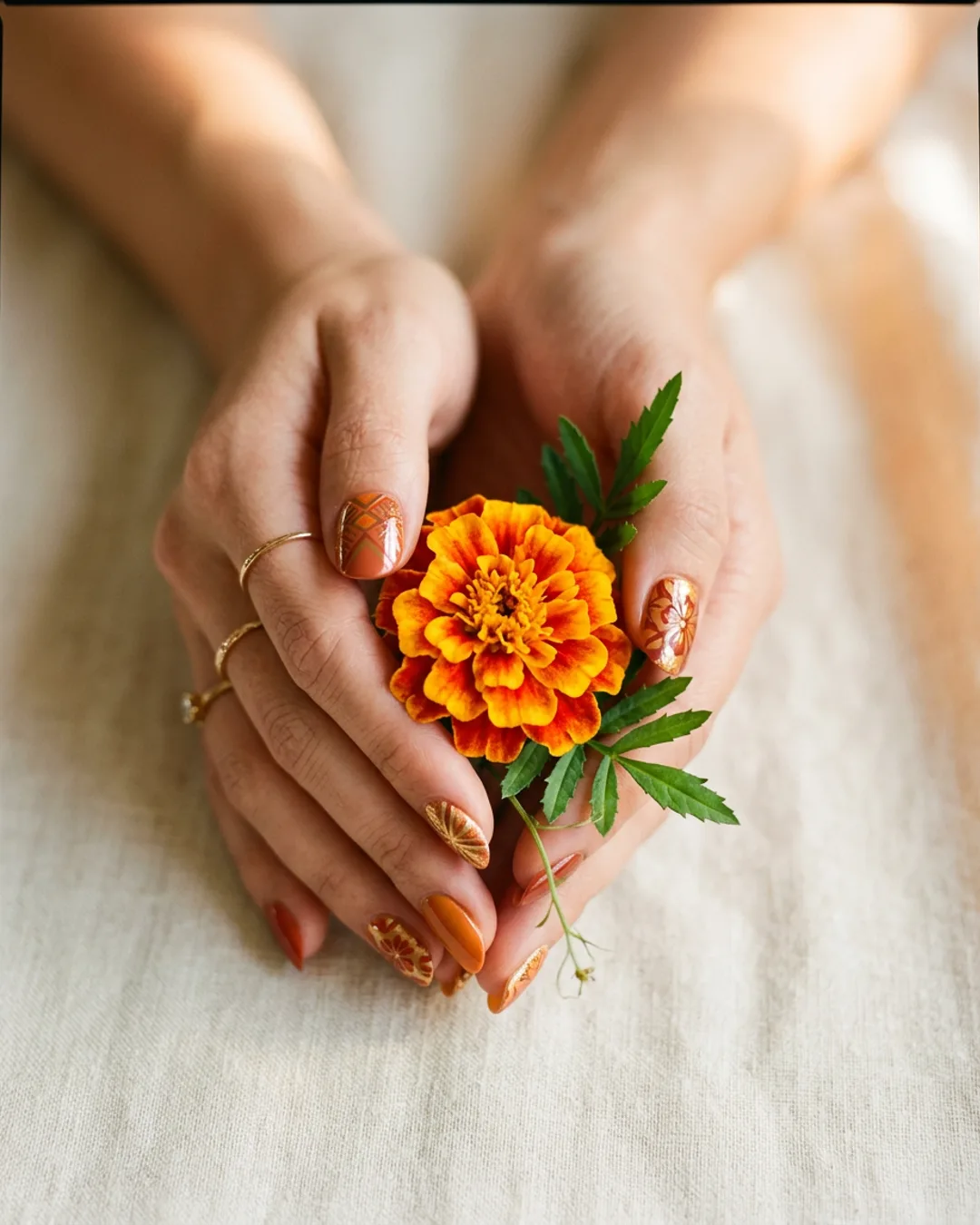 Close-up of hands with marigold-inspired press-on nails